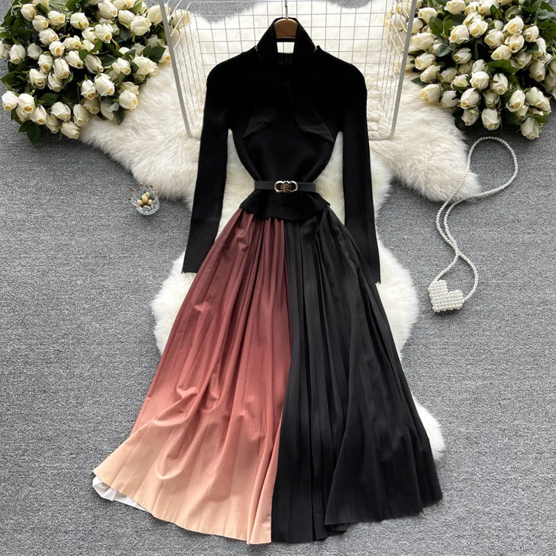 New French Knitted Women Fall Winter Spliced Gradient Dress