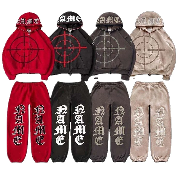 Custom Two-Piece Vintage Style Men's Puff Print Sweatsuit Jogger Set Short Tracksuit with Sweatpants and Hoodie