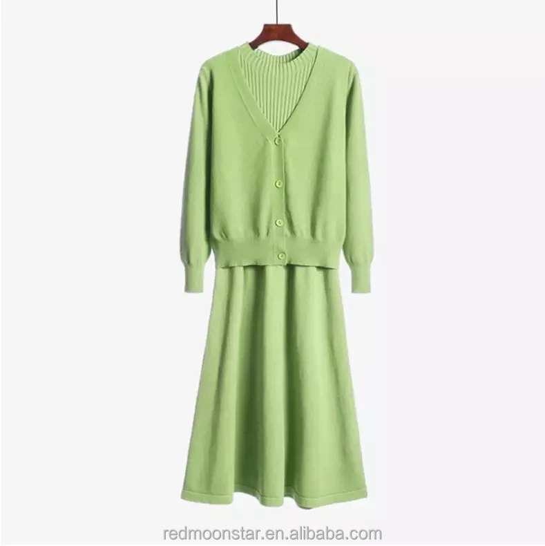 Wholesale New Knitted Women Set Long Sleeved Sweater Dress Two Piece
