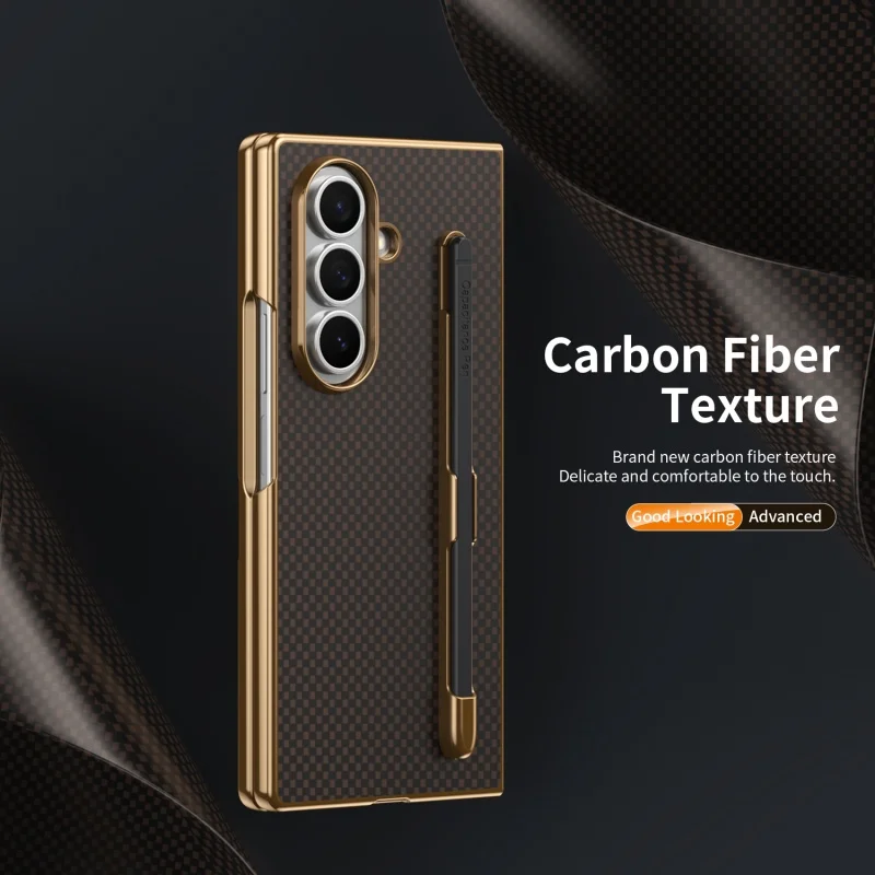 Business Plating Carbon Fiber Texture Phone Case for Samsung Z Fold 7 6 5 4 3 With Stylus Tempered Glass Film Shockproof Cover