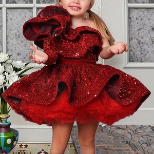 Girls Floral Princess Oblique Shoulder Gown Dress Latest Design Sequin Beaded Lace Ruffle Sleeveless Skirt Birthday Party Dress