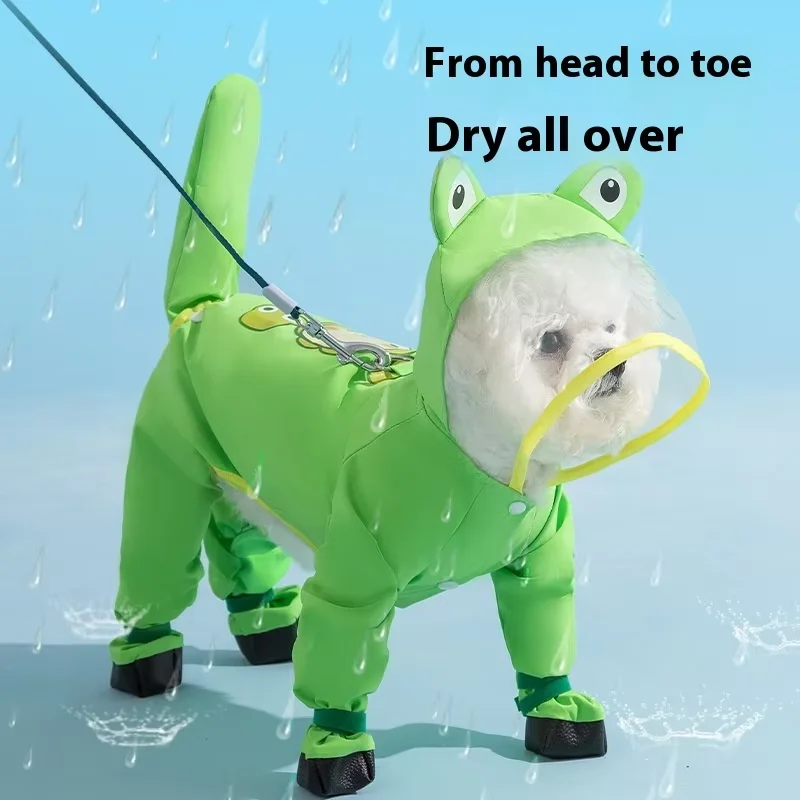 Hot Sale Adjustable Full Body Dog Raincoat with Transparent PU Rain Boots Summer Print Waterproof Jacket for Dogs