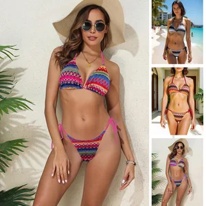 Women's Sexy Knit Halter Bikini V-Neck Tie Strap Swimsuit Thongs Bottom Two-Piece Set for Summer Beachwear