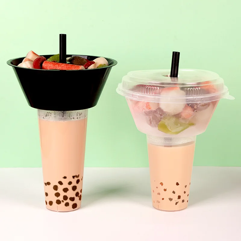 XYA Disposable Take-out Fried Chicken Fruit Salad Snack Tray with Lid And Drinking Milk Tea Cup Plastic PP Cup with Straw supplier