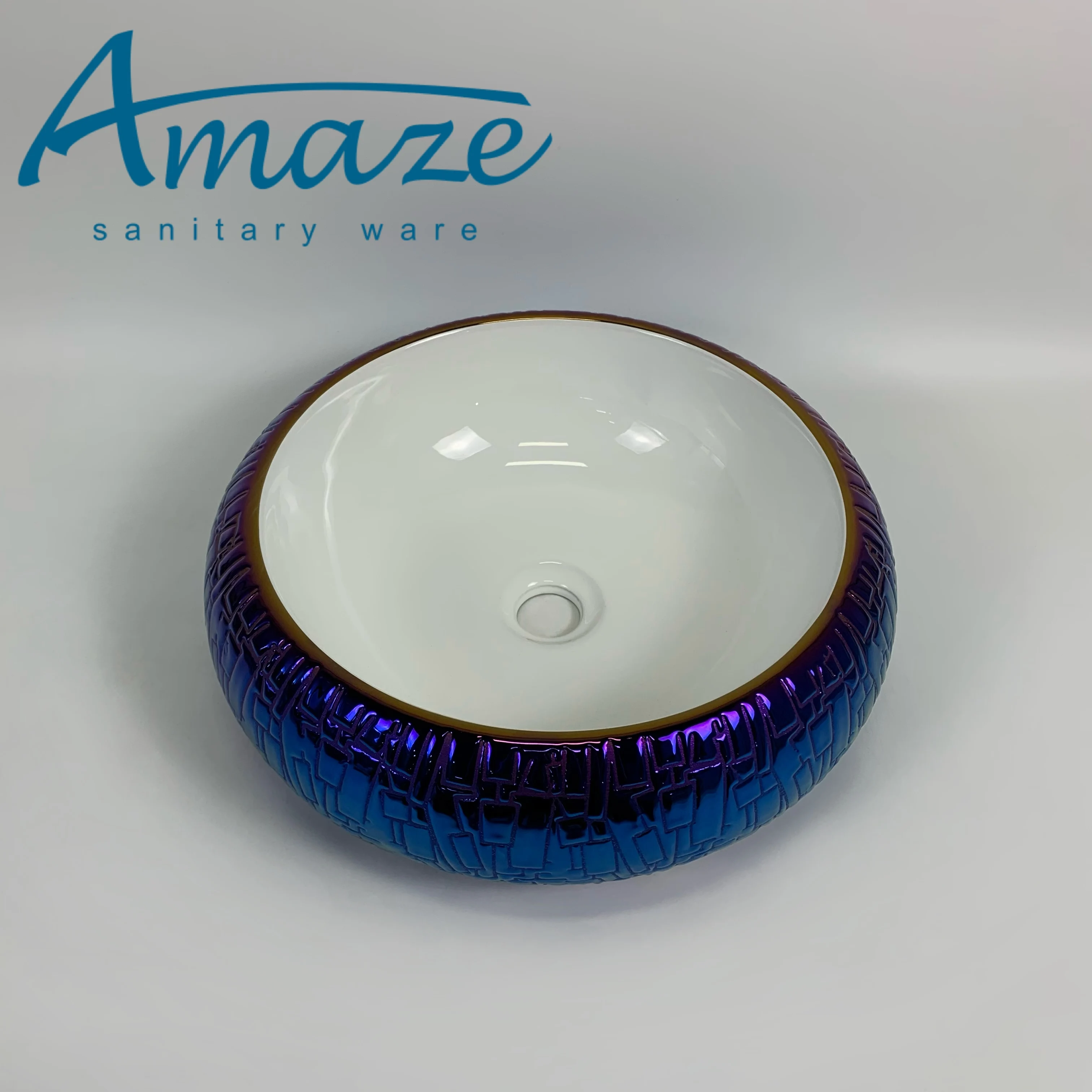 China high quality sanitary ware luxury countertop sink round electroplated blue ceramic art basin home hotel wash basin supplier