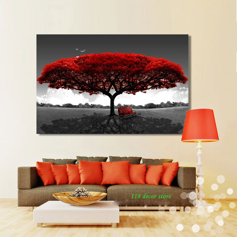 Nordic Modern Red Tree Landscape Wall Art Canvas Posters Prints Unframed Wall Pictures for Office Living Room Home Decor Artwork