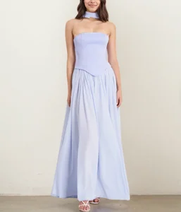 Customized Maxi Chiffon Dress for Women Pleated Blue Summer Regular Fit Sexy Casual Elegant Party Style