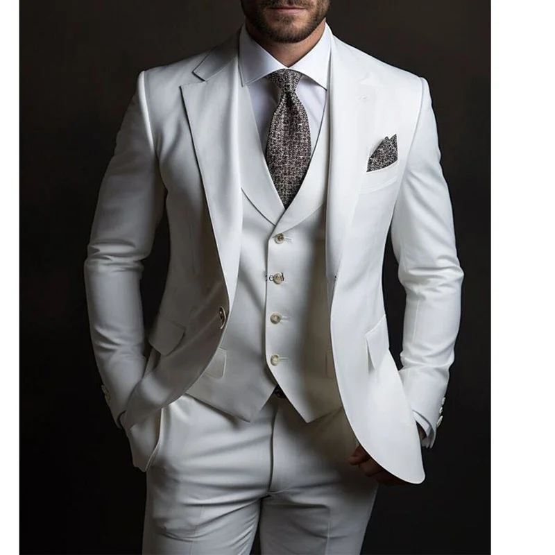 High Quality White Men's Suits 3 Piece Jacket Pants Vest Slim Fit Prom ...