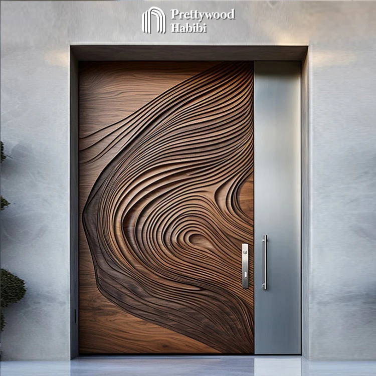 Prettywood Postmodern Prime Design 3D Carving Solid Wooden Exterior Luxury House Front Main Door details