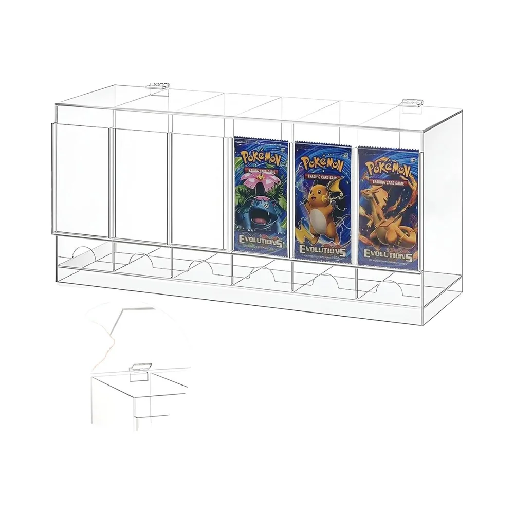 เครื่องจัดเก็บการ์ดบูสเตอร์แบบอะคริลิก 6 ช่อง พร้อมฝาครอบสำหรับจัดเก็บการ์ดแพ็ก สามารถซ้อนกันได้ เป็นอุปกรณ์จัดระเบียบการ์ดสะสม (TCG) สำหรับแพ็กการ์ดกีฬาและการ์ดบูสเตอร์