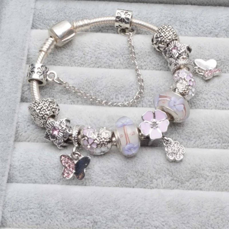 High Quality Pink Crystal Glass Beads Charm Bracelet Delicate Rhinestone Flower Butterfly Pendant Bracelet