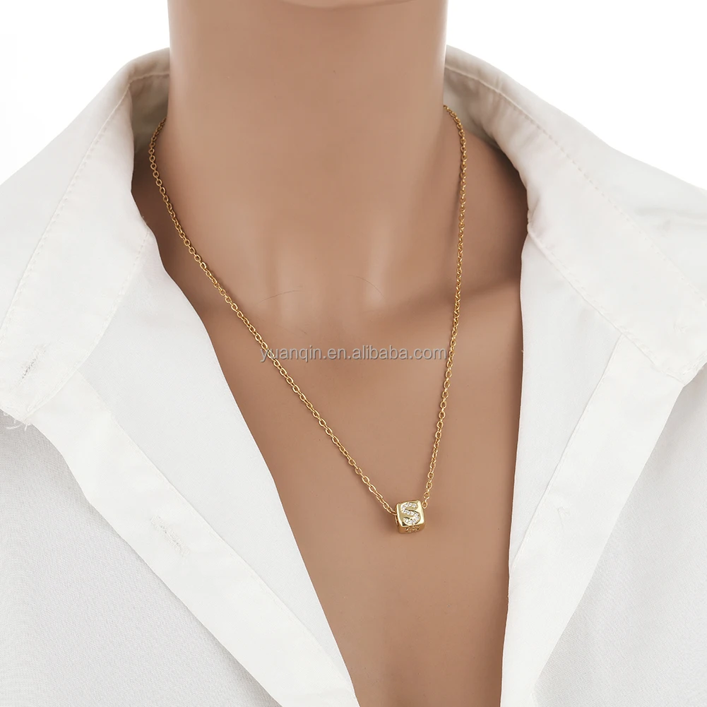 18k Gold Plated Cz Dice Choker Square Az 26 Letter Charm Stainless