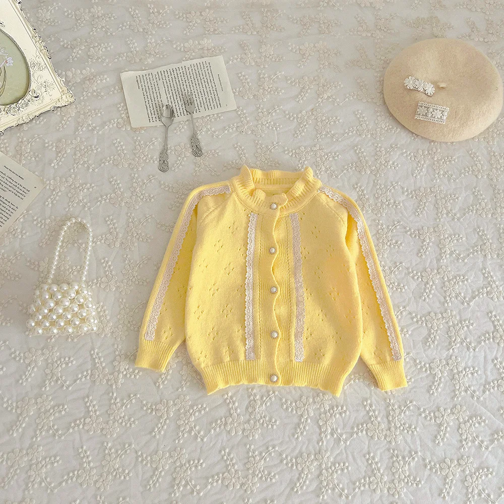 Yellow Preppy-Look Knitted Cardigan Girls' Clothing Set Two-Piece