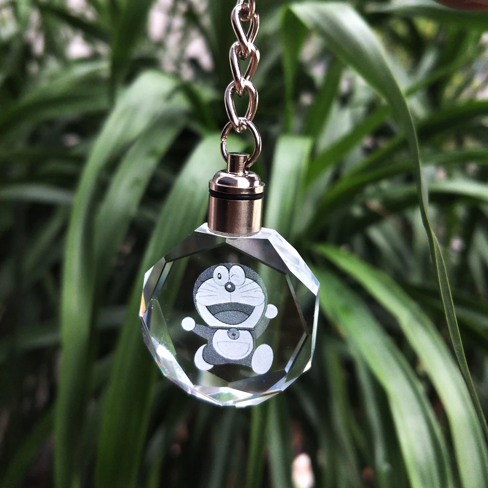 Custom Design Carton Figure Doraemon Laser Inside Crystal Glass Keychain Key Ring Holder Souvenir Gift  Promotion Kids Gift