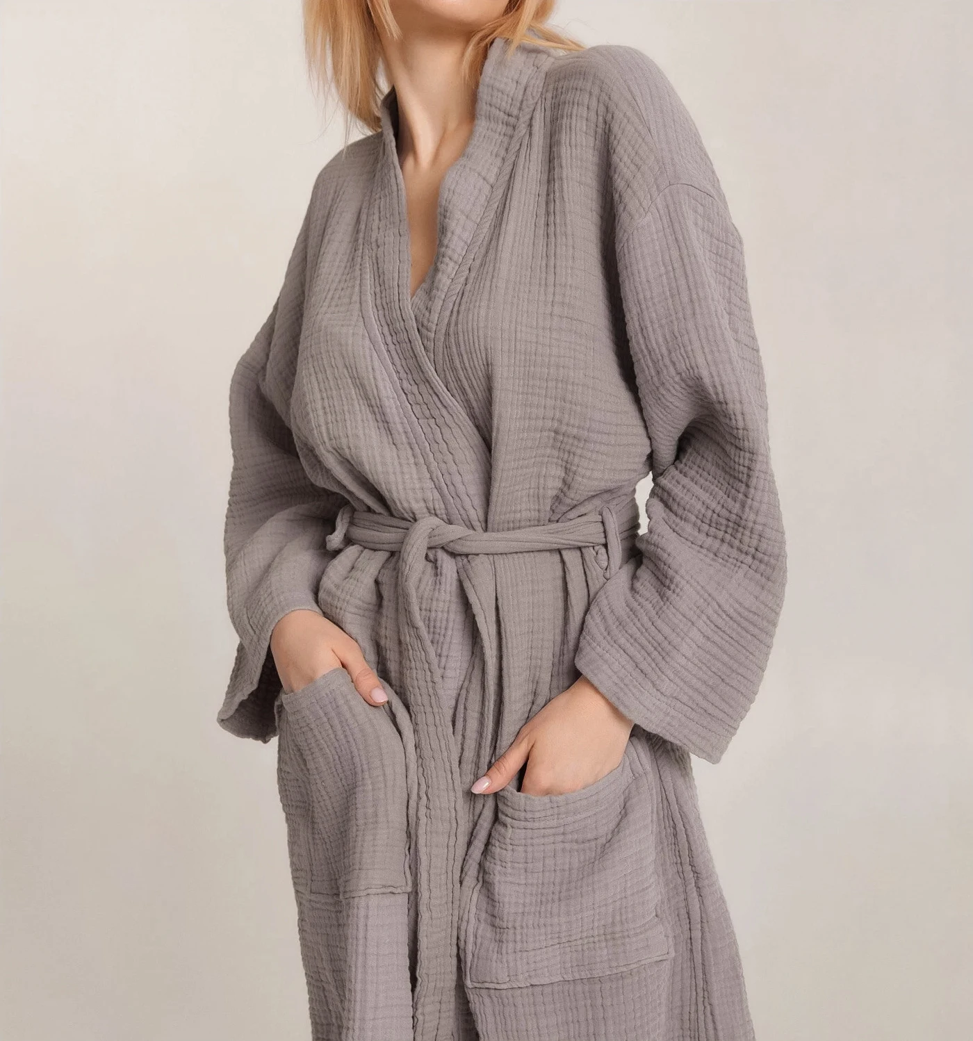 Lady's Knee-Length Bath Spa Hotel Sleepwear Brown Blue Cotton Robe with Spring Gauze Breathable Woven Dressing Gown for Women Lady's Knee-Length Bath Spa Hotel Sleepwear Brown Blue Cotton Robe with Spring Gauze Breathable Woven Dressing Gown for Women
