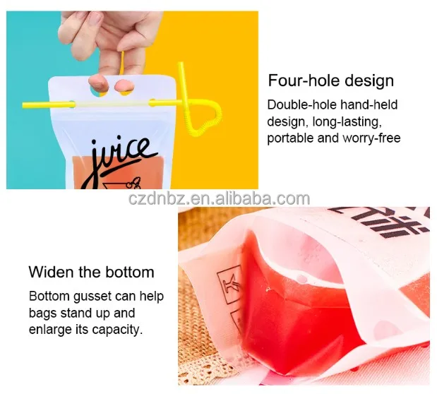 Hand Held Cold Hot Stand Up Pouches Zipper Clear Beverage Reusable Customized Juice Bags Plastic