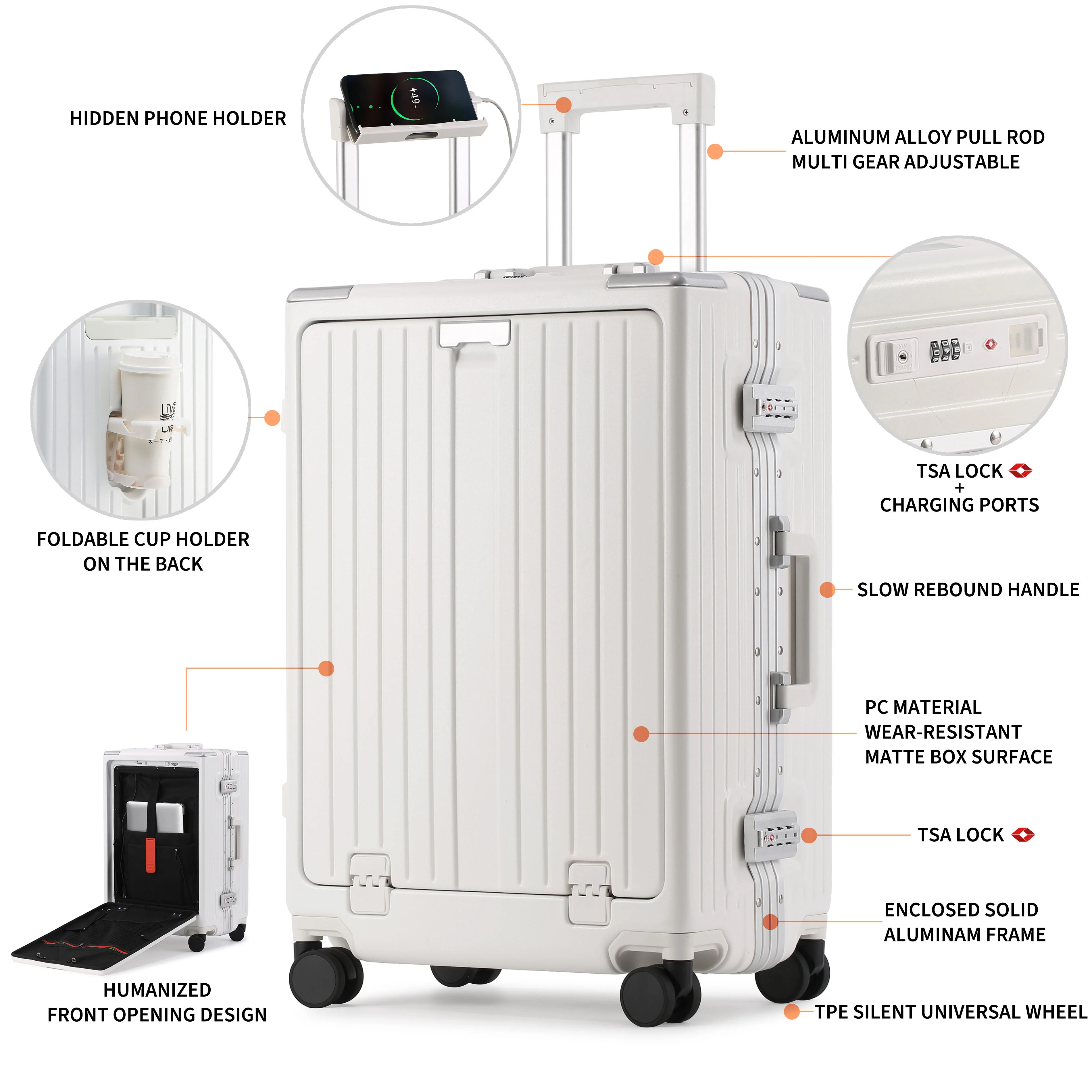 18 20 24 26 Inch Aluminum Frame Suitcase Set TSA Lock USB Port Boarding Luggage Spinner Wheels and Front Open Design