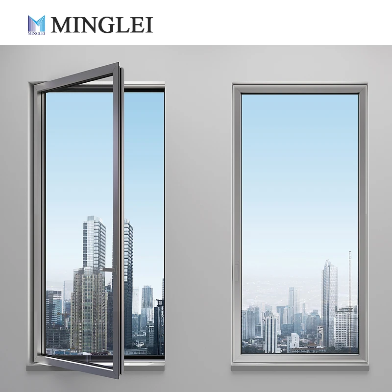 Slim Line Black Thermally Broken Aluminum Tempered Glass Window Energy Efficient Triple Pane Casement Tilt Turn Window