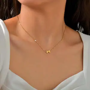 Trendy Jewelry Gift Stainless Steel Dainty Zirconia Bowknot Bow Necklace 18k Gold Plated Pendant Necklace