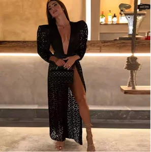 Custom Luxury One-Piece Outfit Black Lace Midi Dress with Bubble Sleeves & High-Waisted Sheer Skirt for Summer Beach