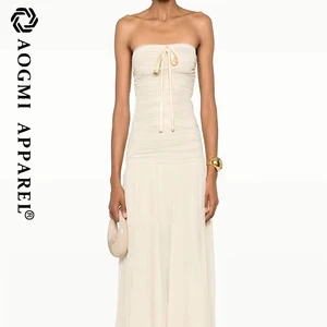 Haute Couture Fashion Lady Strapless Maxi Sleeveless Casual Dress Off-the-Shoulder Neckline Asymmetrical Hem Elastic Waist