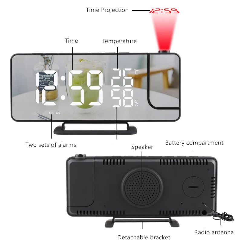 Newest Projection Table Alarm Clocks with Radio Projector Thermometer Humidity Phone Charger Digital LED Alarm Clock