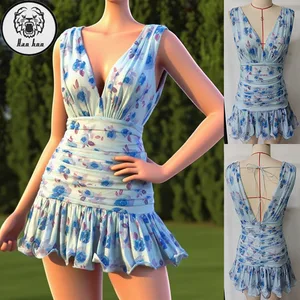 Hot Sell Slim Fit V-neck Floral Printing Blue Mesh Clothes Women Casual Summer Mini Dresses