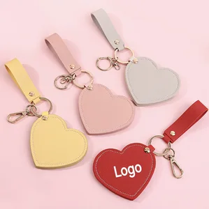 Custom Logo Print Durable PU Leather Heart Shape Cute Pocket Small Key Chain Mirror Mini Travel Compact Keychain Promotion Gift