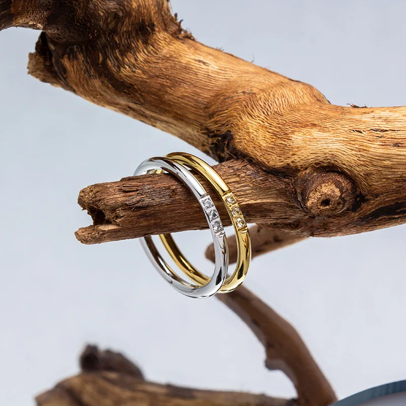 Fashion Jewelry Rings Collection Simple Stainless Steel PVD 18k Gold Plated CZ Ring for Women