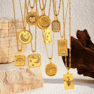 MW Wholesale New INS Wind Stainless Steel Necklace 18K Gold Plating Zircon Star Moon Pendant Geometric Link Chain Jewelry