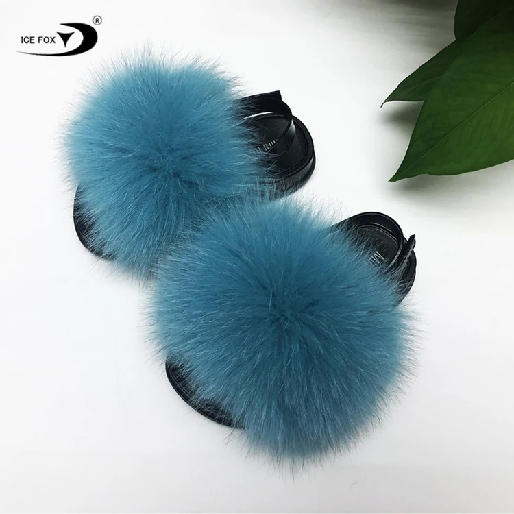 Шлепанцы детские из натурального Лисьего меха, модные сандалии для маленьких девочек, меховые Тапочки
