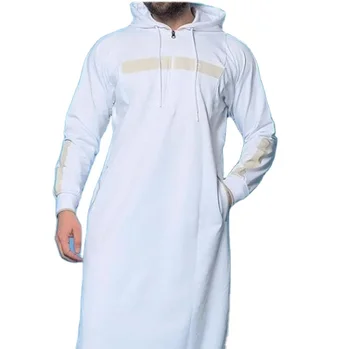 2022 Fashionable men islamic clothing muslim thobe hooded long sleeve letter printed robe abaya islam