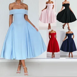 Wholesale Fashion High Quality Plain Color Off Shoulder Women Summer Sexy Casual Dresses