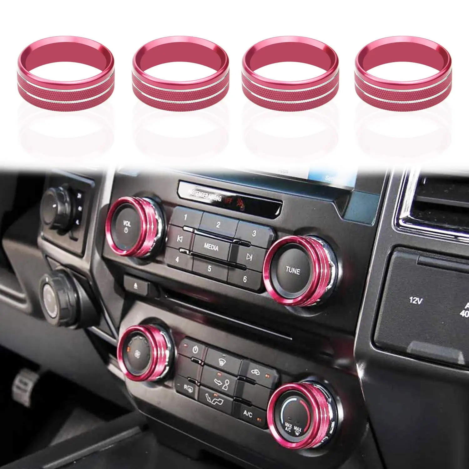 6PCS Aluminum Car Inner Side Air Conditioner Audio Function Switch Knob Ring Cover Trim Compatible with Ford F150 2016-2018 Blue 