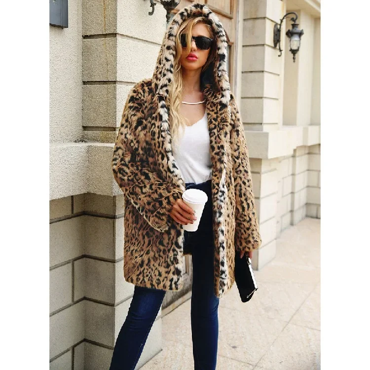 Cappotto di pelliccia di volpe da donna con cappuccio e motivo leopardato, stile medio lungo, invernale_voghion.com