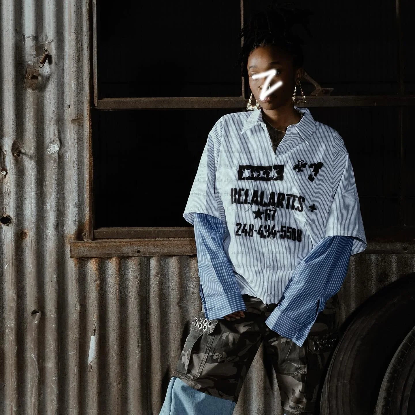 Custom Streetwear Oversized Stripe Button Down up Screen Print Double Layer T-shirt Long Sleeve T Shirt Dress Work Shirt for Men gallery 3