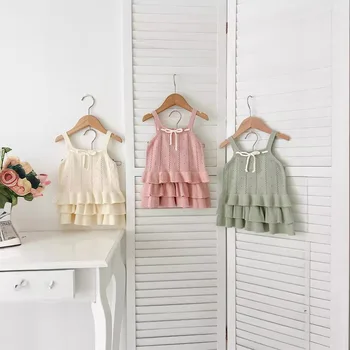Ins Summer Casual Children's Clothing Set Girls' Solid Pattern Camisole and Knitted Skirt Two Piece Set for Baby Girls