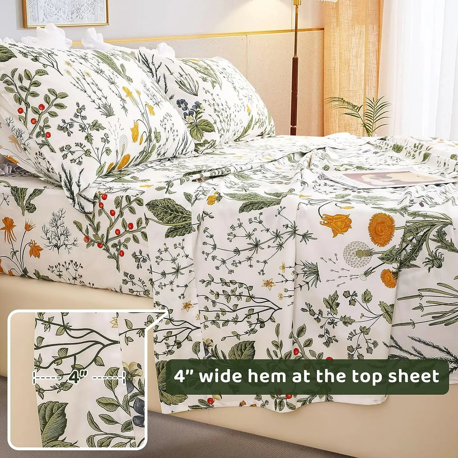 100% Cotton yellow Flowers & Sage Leave Plant Pattern Botanical Luxury Cotton Printed Flower King 4pcs Bedding Sheets manufacture