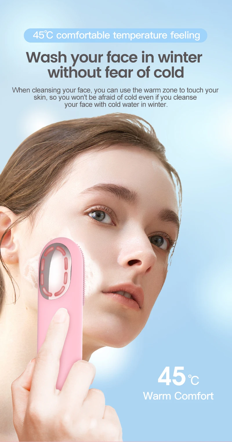 Warm Lifting And Firming Ultrasonic Face Cleansing Machine Tool With Silicon Facial Brush