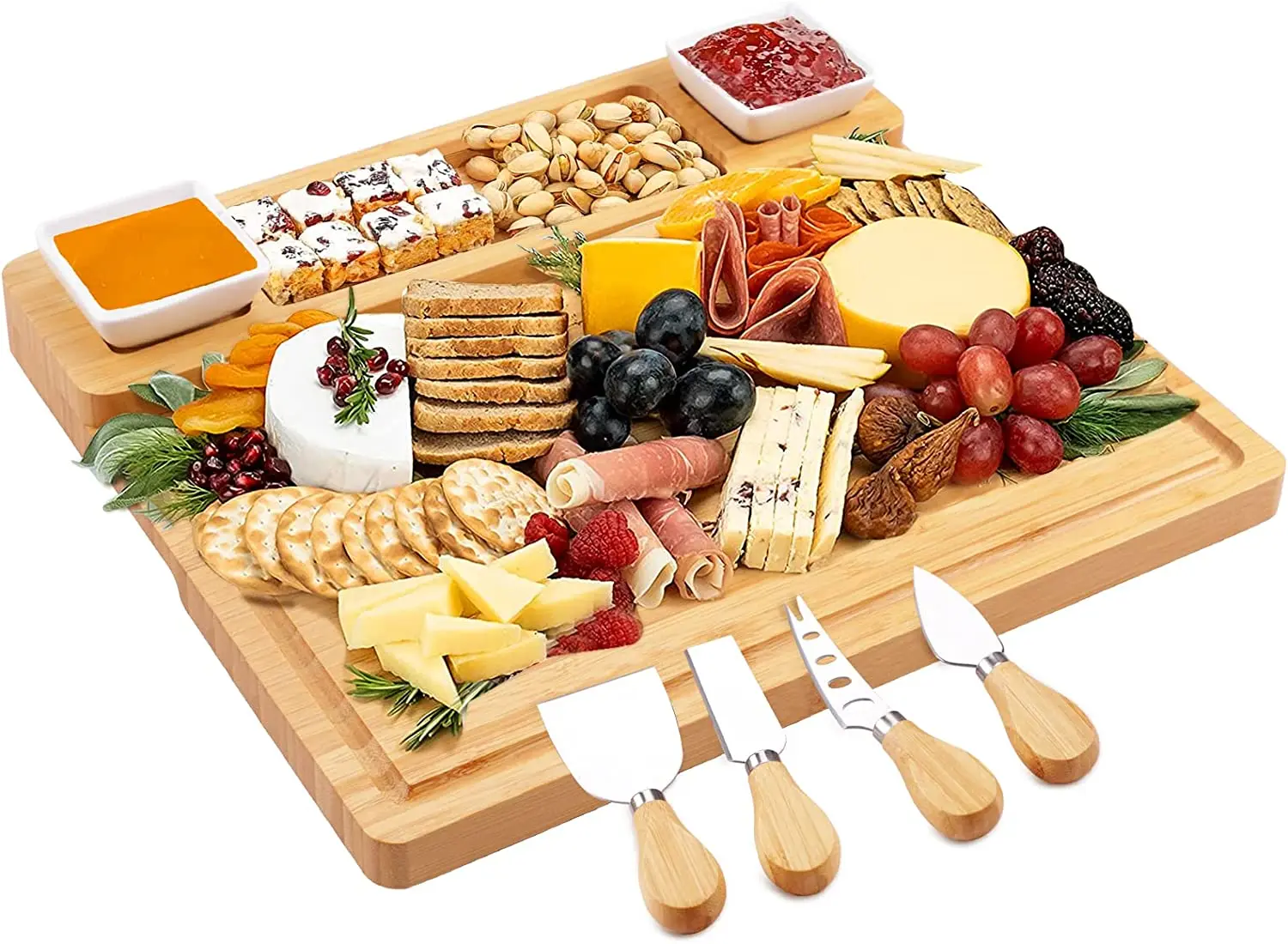 product large bamboo and wood charcuterie board and knife set for chopping meat cheese deli-1