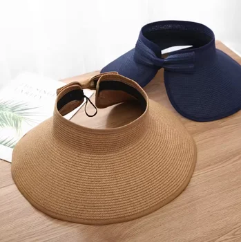 Stock Wholesale Women's Sun Visor Hats Wide Brim Straw Beach Hat Panama UPF 50+ UV Ponytail Hats for Women Foldable Floppy