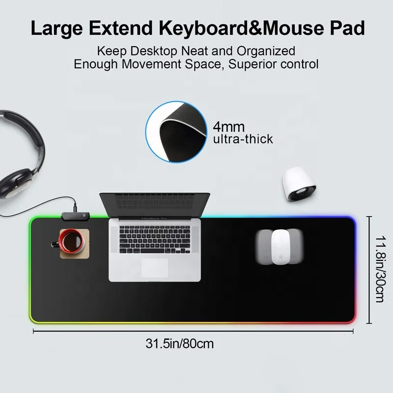 Gamer Mousepad Natural Rubber LED XXL Desk Mat White Gaming RGB Mouse Pad for Corner Desk