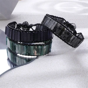 Trendy Tube-Shaped Single Leather Bracelet Natural Lucky Stone Classic Geometric Style Beaded Bangles for Men Couples' Jewelry