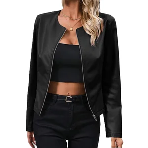 Custom Women's PU Leather Motorcycle Jacket Breathable Waterproof Zipper Solid Color Full Sleeves Winter