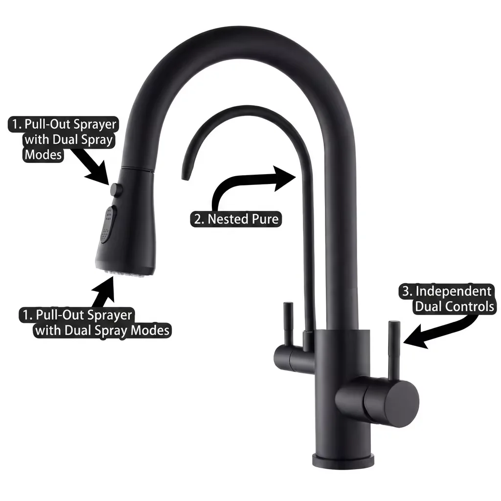 Dual Spout Kitchen Tap Internal Mechanism Stainless steel kitchen faucet internal cartridge and valve detail