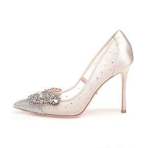 Women Ivory Satin Pumps Crystal Embellishment Stiletto Heel Luxury Bridal Wedding Gala Ball Ceremonial Designer Shoes Wholesale