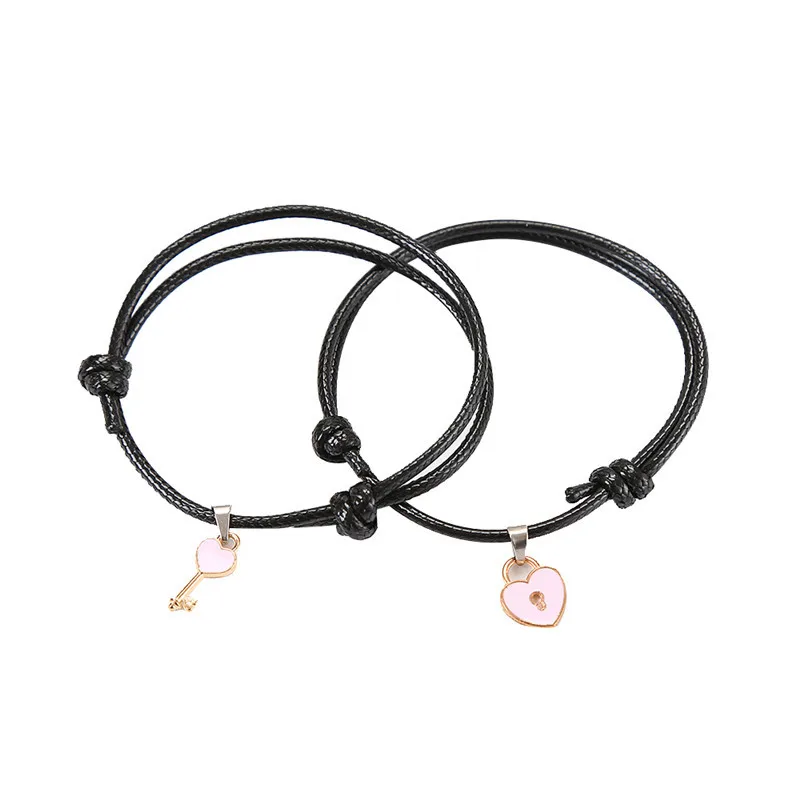 Cheap Factory Price 2pcs Set Lock Key Black Rope Bracelet for