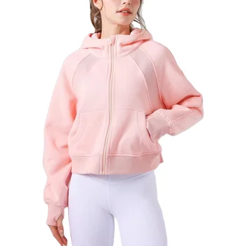 Fitness Cotton Pockets Thumb Holes Hoodie Long Sleeve Shirts Full Zip Fleece Workout Yoga Gym Women Sports hoodies