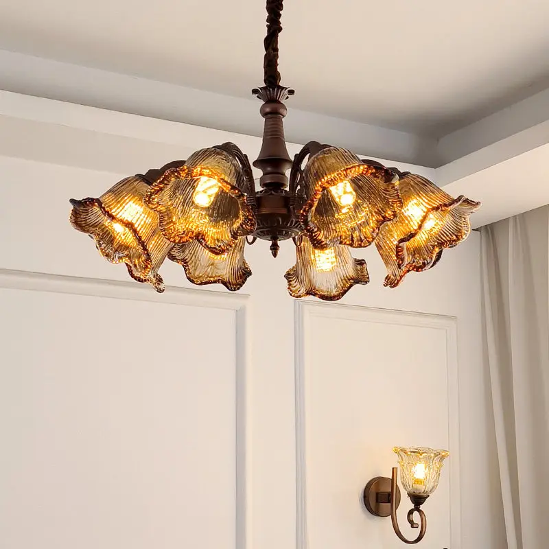 French Retro Mid-Century Style Meilland Flower Glass Chandelier American Light Luxury Elegant for Living Room Bedroom Restaurant
