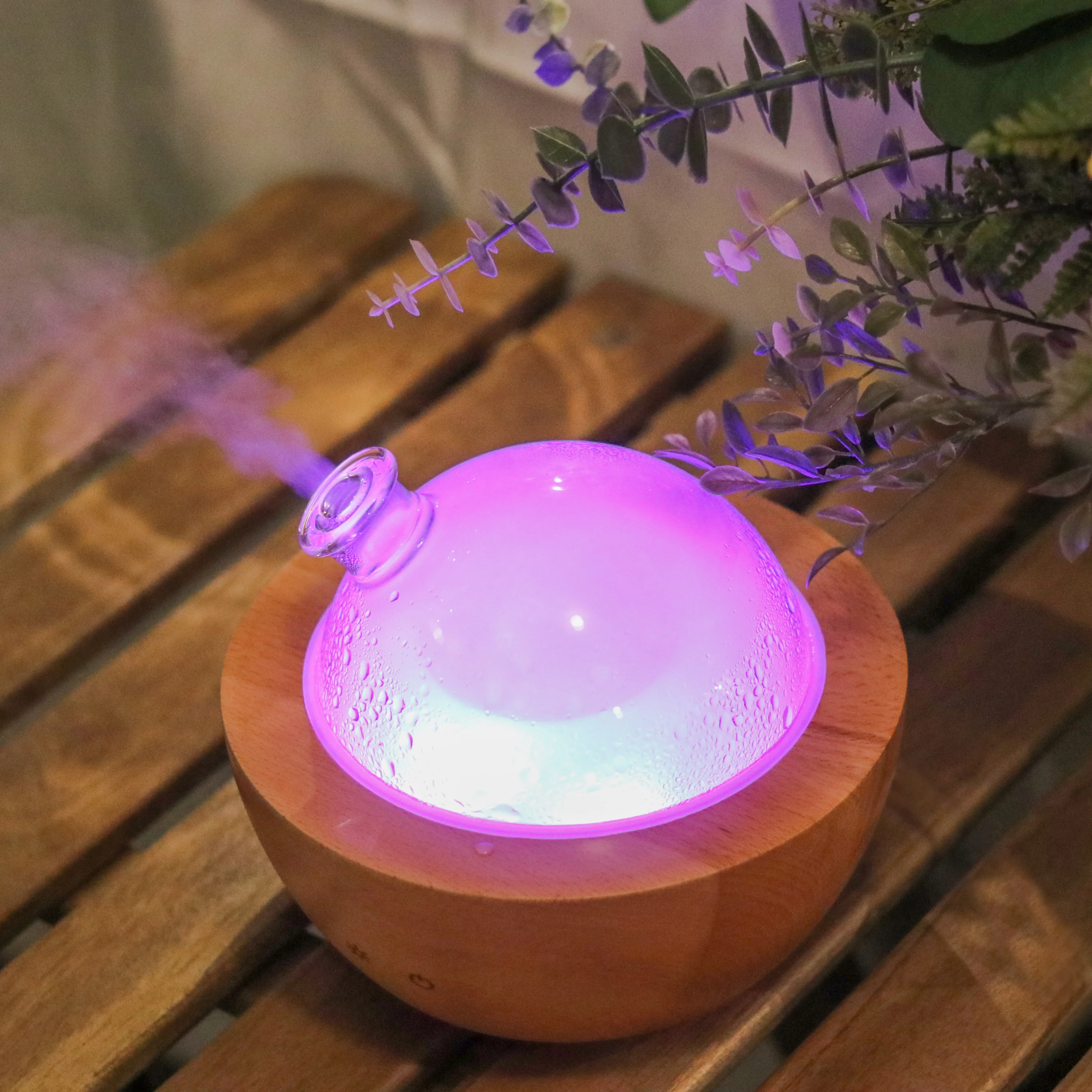Intelligent Glass Cover and Wooden Base Ultrasonic Aroma Diffuser Humidifier Essential Oil Diffuser